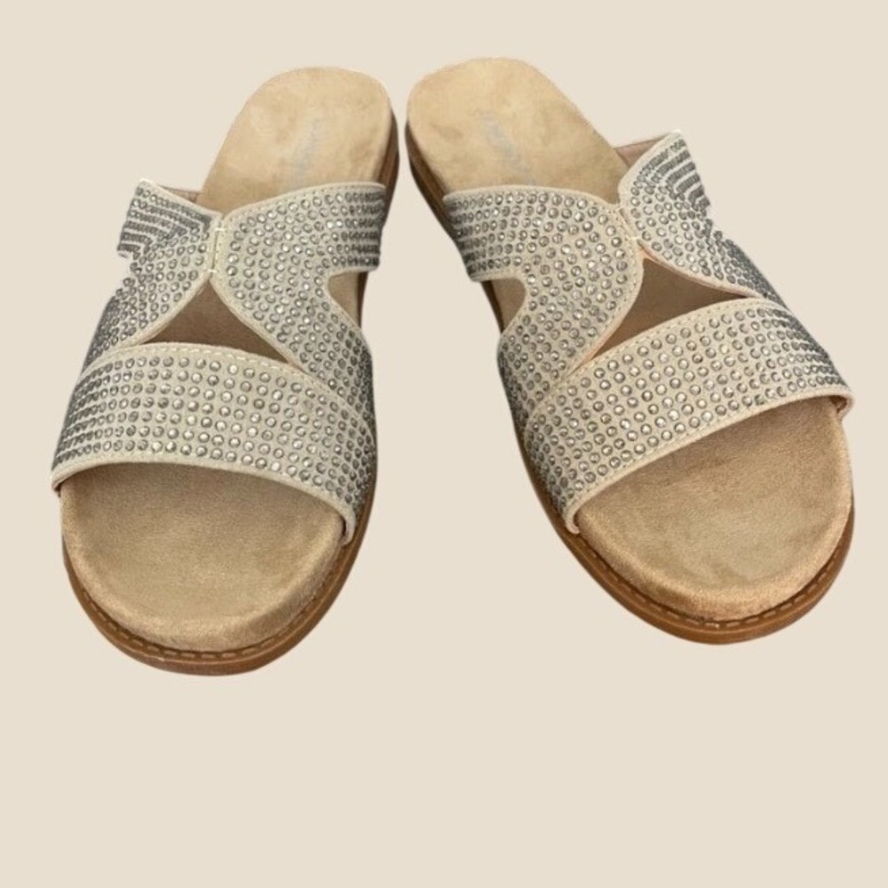 London Fog Women's 8M Simone Taupe Micro-Suede Shimmer Rhinestone Slide Sandals